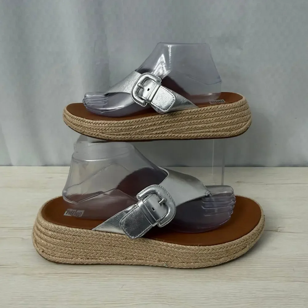 FitFlop Sandals Womens Size 10 F-Mode Espadrille Leather Flatform Silver